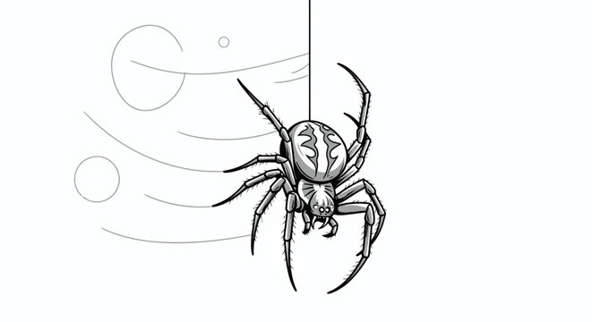Detailed black and white illustration of a spider hanging from a single silk thread, with abstract background elements indicating movement.