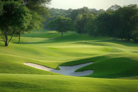 serene sunlit golf green with flagstick, sand bunker and rolling manicured fairways framed by trees, calm early morning atmosphere