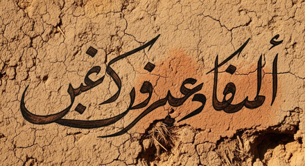 Arabic calligraphy on a cracked, earthy wall background.