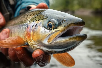 Close-up of a vibrant trout held in a fisher's hand above a river, glistening scales, orange fins and open mouth conveying triumphant excitement