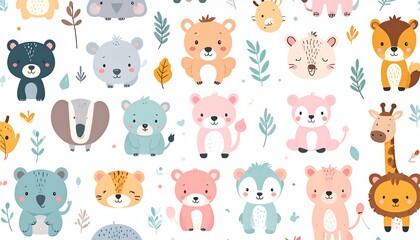 Whimsical illustration features numerous adorable cartoon animals, including bears, a fox, lion, giraffe, koala, and others, with floral accents