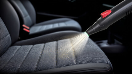 Close-up advertising-style image of gray car seat being vacuumed, strong contrast between freshly cleaned fabric and subtle dust remnants, powerful suction nozzle captured mid-moti