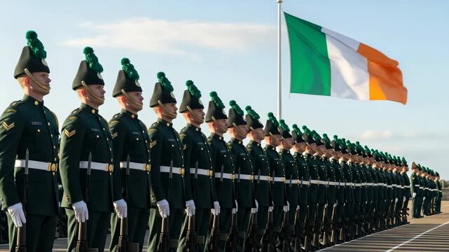 Young Caucasian Male Soldiers in Irish Military Honor Guard Ceremony with Flag