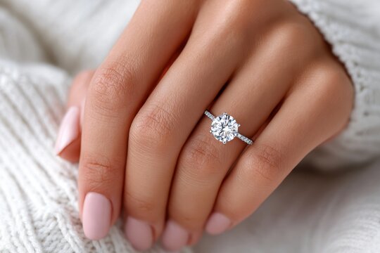 Hand displaying a sparkling diamond engagement ring on a cozy knit sweater