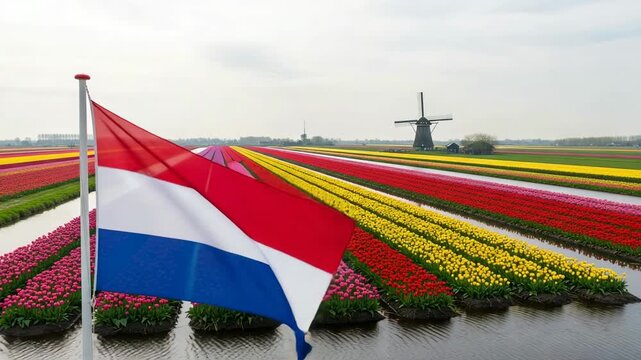 Traditional Dutch tulip farm landscape with national flag and historic windmill in spring
