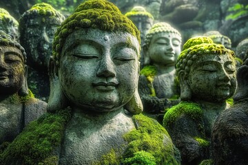 Fototapeta premium moss-covered meditative stone statues in a misty forest evoking calm and timeless serenity