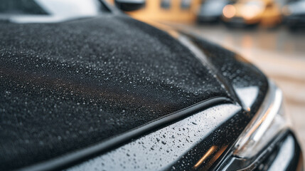 Macro detail of microfiber towel folding over hood edge, lifting dirt, high-resolution reflection of nearby garage equipment