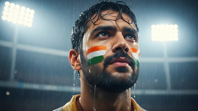 Resilient young Indian male sports fan with flag face paint standing in rain at night stadium