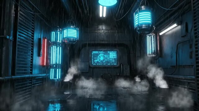 Futuristic cryogenic storage facility with glowing blue pods and steam in a dark laboratory