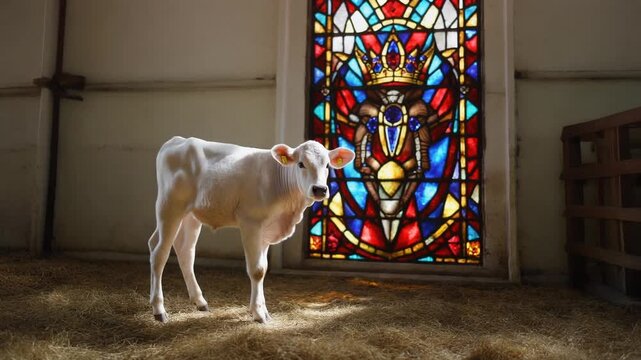 A white calf stands in a barn with stained glass window depicting a regal figure in vivid colors.