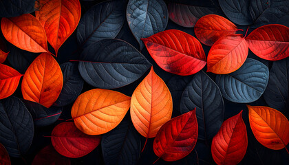Close up of colorful autumn leaves in red orange and black arranged in a random pattern against a dark moody background generative AI