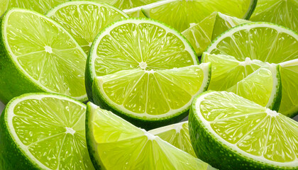 Close up of fresh juicy lime slices in bright green scattered and overlapping each other showing rough and bumpy textures clearly generative AI
