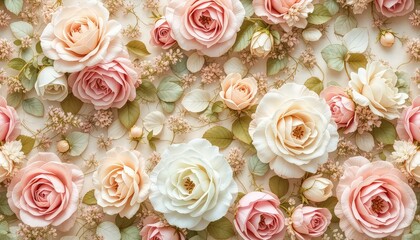 Obraz premium Delicate roses in shades of pink and cream arranged gracefully with subtle foliage for a soft and romantic botanical aesthetic