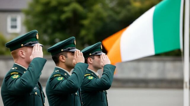 Diverse young male officers in green military uniforms saluting the national flag of Ireland