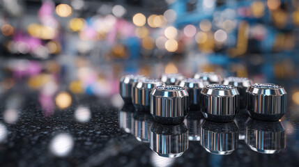 Macro shot of wheel lug nuts shining after polish, tiny reflections of garage environment visible