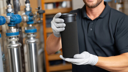 Macro perspective of a technician replacing a water-softening cartridge, gloved hands holding cylindrical filter, mineral buildup visible on old unit, polished pipes and valves in