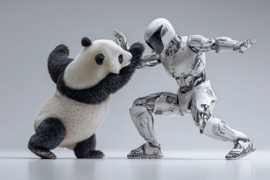 Giant panda and sleek humanoid robot dancing together energetically