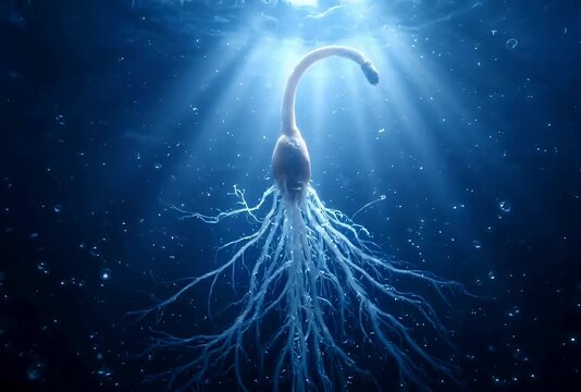 Mesmerizing closeup sprouting bean seeds time-lapse growth underwater, showing intricate root development and a shoot curving toward light rays.
