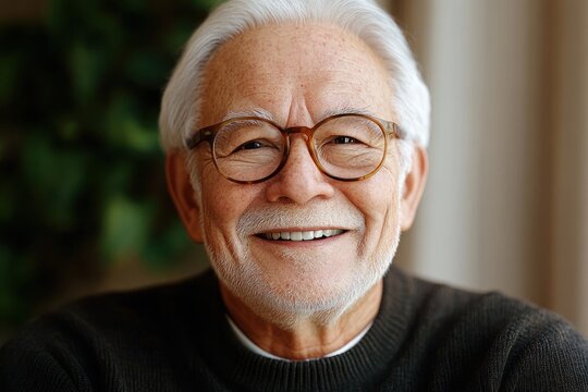 older adult with white hair in a dark sweater and white undershirt seated indoors by greenery, calm and contemplative mood