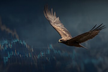 Obraz premium Golden eagle flying over a digital mountain of stock market indices