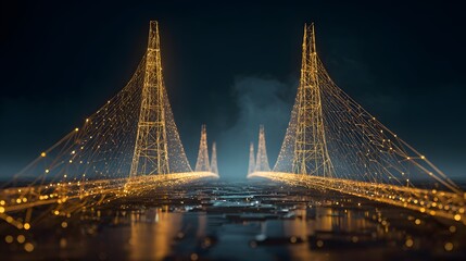 Digital bridge made of golden light connecting two high tech towers