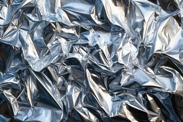 crumpled shiny aluminum foil with sharp reflective folds and deep shadows, evoking cold metallic chaos and an abstract textured pattern