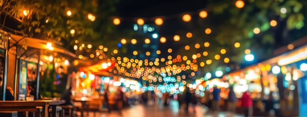 Fototapeta premium blurred lively night market street with glowing string lights, outdoor stalls and walking silhouettes conveying a warm festive and cozy urban atmosphere