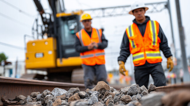 Close-up of construction workers inspecting rail sleepers and ballast, heavy machinery moving in the background, multiple frames blended to illustrate progression of railway recons
