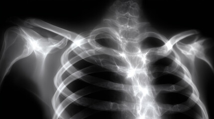 High-resolution X-ray of fractured collarbone with overlapping bone segments, subtle shading indicates soft tissue, precision imaging for surgical intervention planning