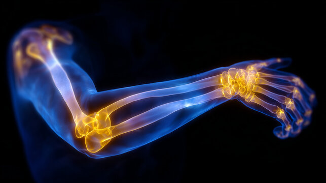 AP (anteroposterior) X-ray of fractured elbow, radial and ulnar bones clearly visible, fracture line highlighted, accurate skeletal visualization for orthopaedic assessment