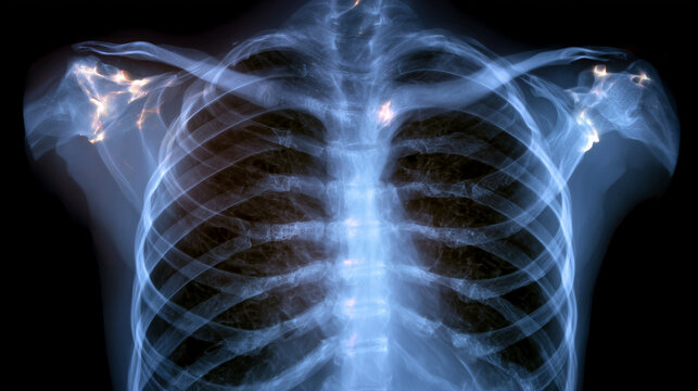 Detailed lateral X-ray of broken collarbone, clavicle displacement evident, surrounding ribs faintly outlined, clinical imaging style for surgical planning