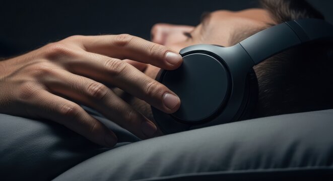 Person relaxing, listening to music with modern wireless headphones resting on ear. Close up of hand adjusting dark earcups, enjoying immersive audio content and sound experience.
