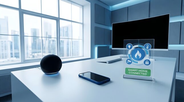 Smart home devices on a modern office desk with city view showcasing innovative technology and automation