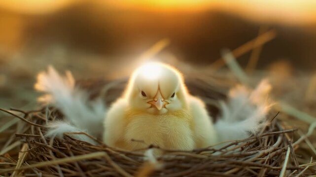 A small chick sitting in a nest surrounded by feathers at sunrise from a low angle view.