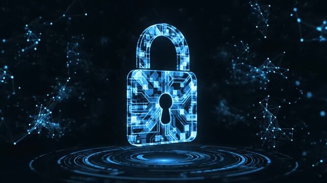 Digital padlock design illuminated in blue tones with circuit patterns and glowing lines