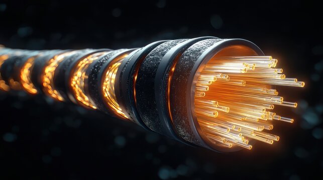 close-up glowing fiber optic cable cross-section with illuminated glass strands, metallic layers and bokeh background, evoking futuristic speed and connectivity