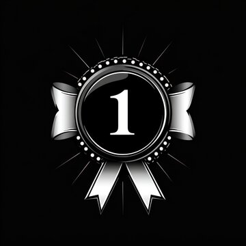 black and silver first place rosette badge with number 1, ribbon tails, dotted circular border and radiant shine conveying victory and elegance