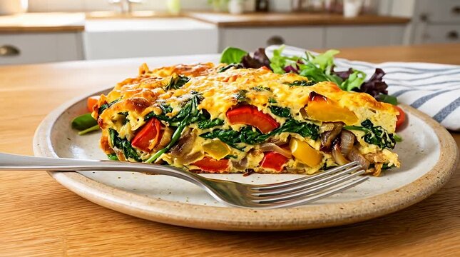 Savory vegetable frittata slice with side salad, healthy meal recipe ideas for lunch and dinner, egg, spinach.