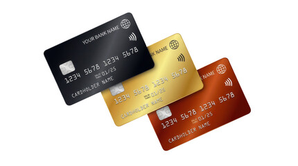 Three credit cards in black, gold, and red with cardholder details