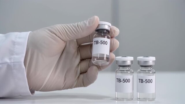 TB-500 peptide therapy for longevity and biohacking, three glass vials
