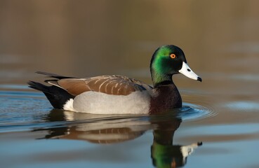 Fototapeta premium Chiloe wigeon duck swims on calm lake water creating ripples. Bird has green head orange eye white beak brown wings. Natural habitat reflection on water surface.