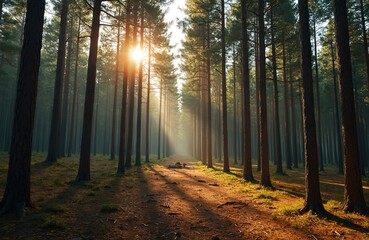 Fototapeta premium Sunlight streams through tall pine trees lining a forest path. Tall, slender pine trunks create a natural tunnel effect. Forest floor shows dry pine needles and sparse green grass patches.