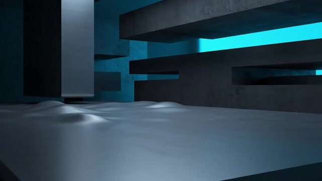 Duotone Light Waves A minimalistic architectural space resembling an industrial corridor or chamber where undulating patterns of duotone light and shadow (e.g., deep cyan and stark white) slowly
