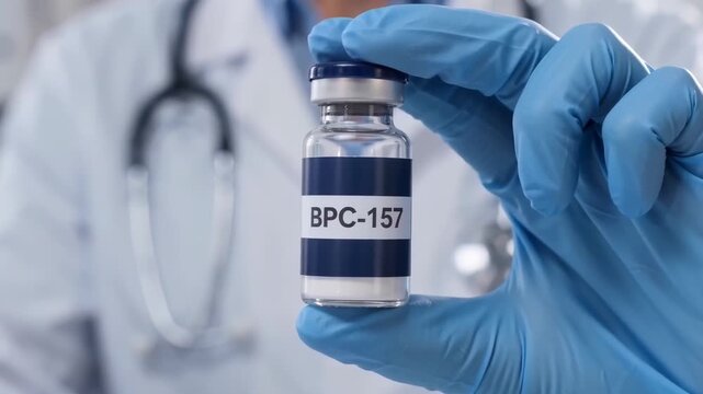 doctor holding BPC-157 peptide vial therapy for longevity and biohacking
