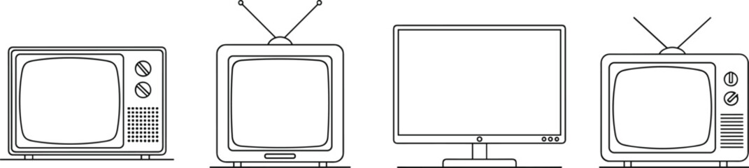 Retro Vintage Television and Modern Computer Monitor Screen Vector Illustration Set Isolated on Black Background for Classic Media Technology Collection