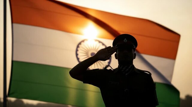 Silhouette of a young Indian male soldier saluting the national flag at sunset for Independence Day