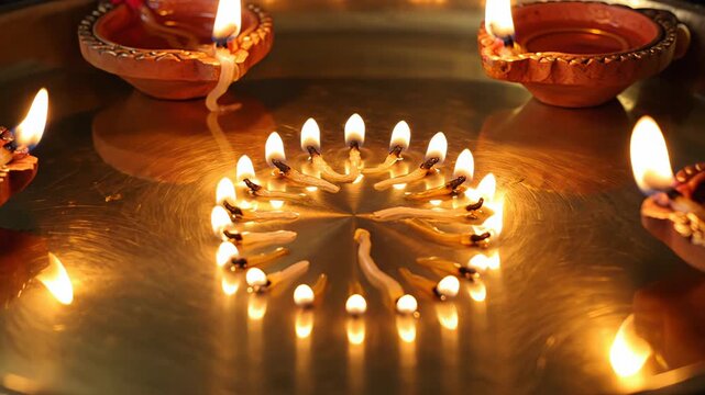 Diwali oil lamps arranged in a radiant circle on a brass plate with warm glowing flames and reflections