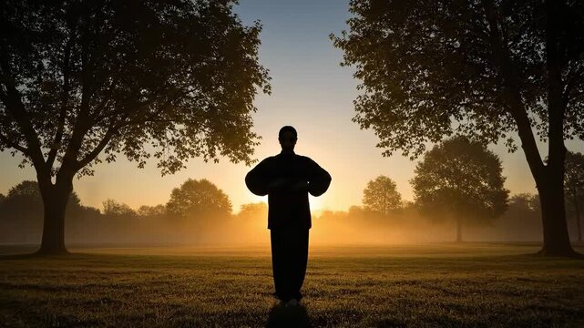 Senior Woman Practicing Tai Chi for Arthritis Relief in Park at Sunrise