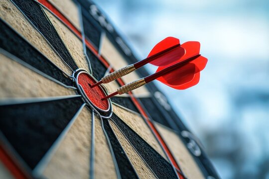 close-up of two red darts piercing the bullseye on a dartboard expressing precision and achievement