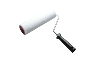 White-furred paint roller with black handle on black
